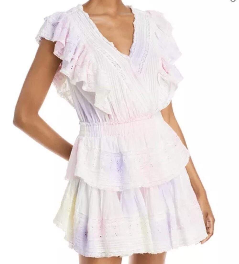 LoveShackFancy Mini Dress Gwen Ruffle Sleeve Tie Dye Pastel Cotton